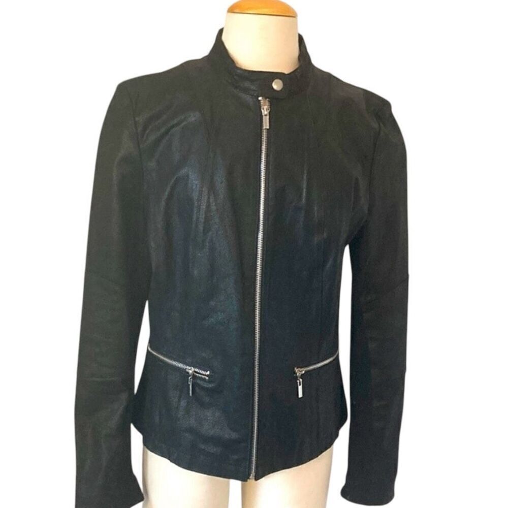 Wilson’s Leather Black Moto Silver Zippers Stretch Sweater Under Arms Sz L